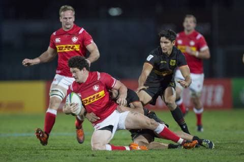 Germany Canada World Cup qualifying game Qualifying game for the Rugby World Cup 2019 in Japan between Germany and Canada on 17 11 2018 in Marseille Ciaran Hearn is torn to the ground by Carlos Soteras Merz Germany 11 right in the background Christopher Hilsenbeck Germany 15 Marseille Bouches du Rhone France Stade Delort