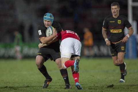 Germany Canada World Cup qualifying game qualifying game for Rugby World Cup 2019 in Japan between Germany and Canada on 17 11 2018 in Marseille Dash Barber Germany 16 is attacked by Ciaran Hearn Canada 22 right in the background Raynor Parkinson Germany 10 Marseille Bouches du Rhone France Stade Delort