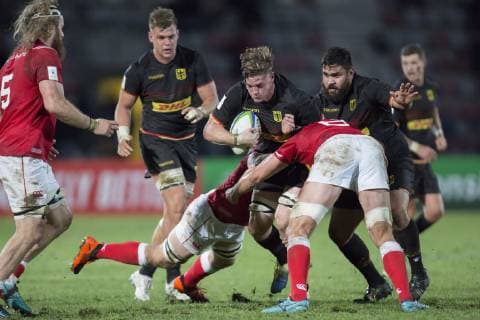 Germany Canada World Cup qualifying game qualifying game for the Rugby World Cup 2019 in Japan between Germany and Canada on 17 11 2018 in Marseille Ayron Schramm Germany 20 tries a breakthrough but is stopped by Kyle Baillie Canada 6 and Tyler Ardron Canada 8 In the background from left the Germans Sebastian Ferreira Germany 6 Mathias Schoesser Germany 18 and Raynor Parkinson Germany 10 Links Evan Olmstead Canada 5 Marseille Bouches du Rhone France Stade Delort