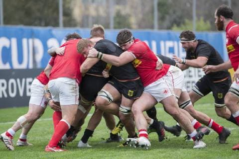 Germany Canada World Cup qualifying game Qualifying game for the Rugby World Cup 2019 in Japan between Germany and Canada on 17 11 2018 in Marseille The German package around Eric Marks Germany 5 centre foreground on the way to the Canadian Malfeld to the only German attempt right in the background Jarrid Els Germany 8 Marseille Bouches du Rhone France Stade Delort