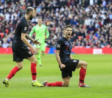 18th November 2018, Wembley Stadium, London, England; UEFA Nations League football, England versus Croatia; Andrej Kramaric of Croatia celebrates scoring the opening goal of the game in the 57th minute for 0-1  ActionPlus12081214 ConorxMolloy