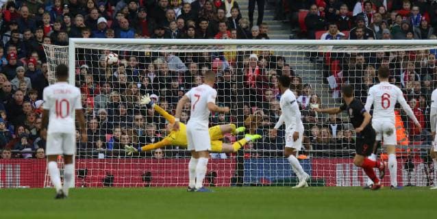 Jordan Pickford (E) can t stop the Andrej Kramaric (C) shot that was deflected by Eric Dier (E) to score the first Croatia goal 0-1 at the England v Croatia UEFA Nations League game at Wembley Stadium, London, November 18, 2018. **This picture is for editorial use ONLY** 