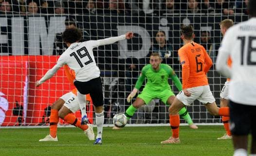 Soccer Men Germany National Team Nations League Veltins Arena Gelsenkirchen Germany white Netherlands orange Leroy Sane GER scores the goal to 2-0 against Jasper Cillessen NED Action DFB REGULATIONS PROHIBIT ANY USE OF PHOTOGRAPHS AS IMAGE SEQUENCES AND OR QUASI VIDEO