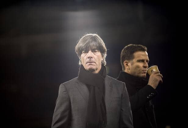 Joachim Jogi LOEW LÖW coach national coach GER behind Oliver BIERHOFF manager GER soccer international Nations League Germany GER Netherlands NED on 19 11 2018 in Gelsenkirchen Germany
