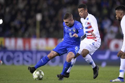 Italian Marco Verratti and US Tyler Adams fight for the ball during a friendly soccer game between Italy and USA in Genk, Tuesday 20 November 2018. YORICKxJANSENS  x05473658x
