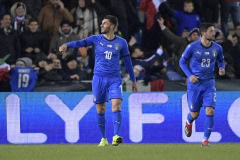 Italian Vincenzo Grifo celebrates after scoring during a friendly soccer game between Italy and USA in Genk, Tuesday 20 November 2018. YORICKxJANSENS  x05473728x