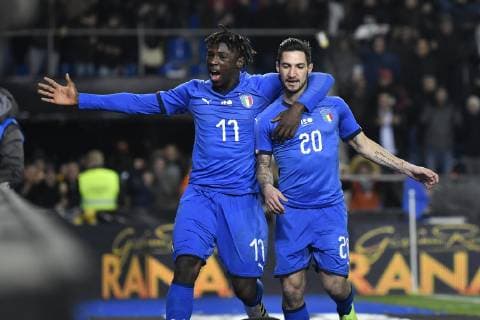 Italian Moise Kean and Italian Matteo Politano celebrate after scoring during a friendly soccer game between Italy and USA in Genk, Tuesday 20 November 2018. JOHANxEYCKENS  x05473739x