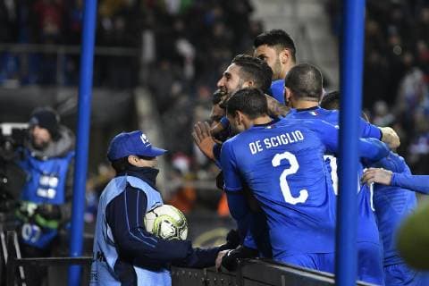 Italian players celebrates after scoring during a friendly soccer game between Italy and USA in Genk, Tuesday 20 November 2018. JOHANxEYCKENS  x05473742x