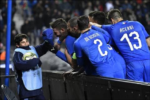Italian players celebrates after scoring during a friendly soccer game between Italy and USA in Genk, Tuesday 20 November 2018. JOHANxEYCKENS  x05473745x