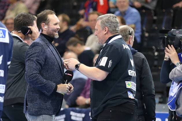 Visit Lars Christiansen with Nikolaj Jacobsen Rhein Neckar Loewen Trainer Flensburg Schleswig Holstein Germany Flens Arena Copyright: xAgentur54Gradx xSpeedphotosx