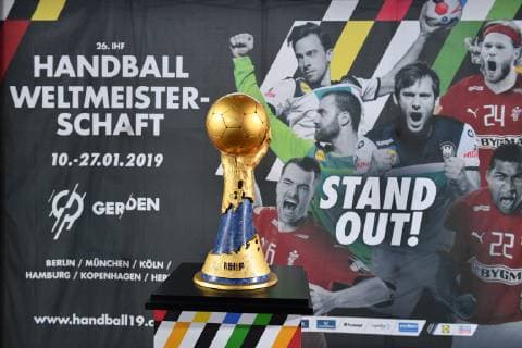 Feature edge motif general IHF World Cup Cup Trophy in front of a poster of the Handball World Cup 2019 objective recording press conference Ó50 days until the Handball World Cup 2019Ó on 21 11 2018 in Munich