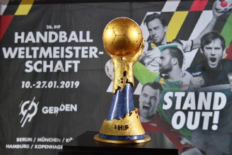 Feature edge motif general IHF World Cup Cup Trophy in front of a poster of the Handball World Cup 2019 objective recording press conference Ó50 days until the Handball World Cup 2019Ó on 21 11 2018 in Munich