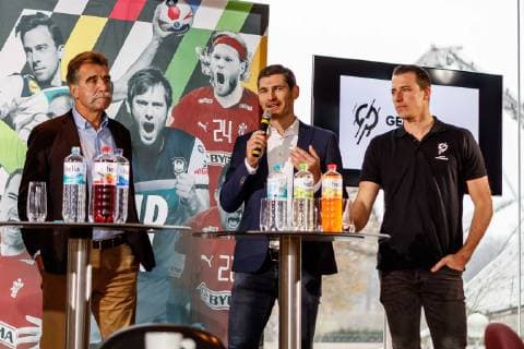 Munich Germany 21 11 2018 Press conference 50 days until the Handball World Cup 2019 Heiner Brand Henning Fritz Dominik Klein DeFodi507