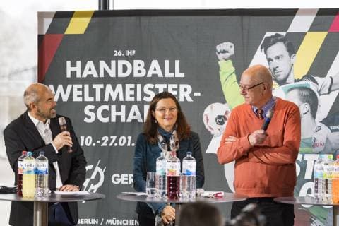 Press conference for Handball World Cup Coubertin Olympiapark Muenchen 21 11 2018 In picture v left Tobias Kohler Pressesptrecher Olympiapark Muenchen GmbH Marion Schoene Managing Director Olympiapark Muenchen GmbH Thomas Ranft City Councillor LH Muenchen Â