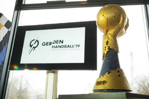 Press conference to the handball WM Coubertin Olympiapark Munich 21 11 2018 In the picture Logo and IHF Handball WM Cup Â