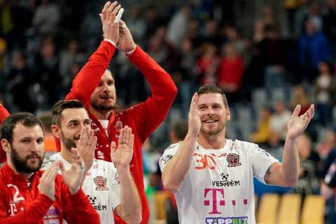 player of Telekom Veszprem HC cheers after the final whistle victory winner winner cheers cheers joy optimistic highlight action action handball champions league Rhine Neckar lions Telekom Veszprem HC xozx
