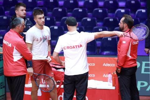 PXL_Croatian Davis Cup team training 22.11.2018., Stadium Pierre-Mauroy, Lille, France - Training of the Croatian Davis Cup team. Croatian tennis player Borna Coric and Croatian tennis coach Zeljko Krajan.  SanjinxStrukic PIXSELL