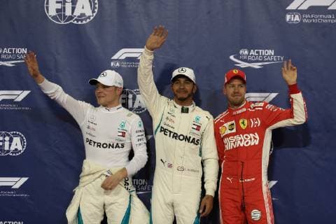 24th November 2018, Yas Marina, Abu Dhabi, United Arab Emirates; Etihad Airways Formula 1 Grand Prix of Abu Dhabi, qualification; Mercedes AMG Petronas Motorsport, Lewis Hamilton takes pole ahead of team mate Valtteri Bottas and Scuderia Ferrari, Sebastian Vettel  ActionPlus12082232 Octane
