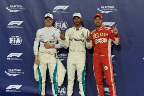 24th November 2018, Yas Marina, Abu Dhabi, United Arab Emirates; Etihad Airways Formula 1 Grand Prix of Abu Dhabi, qualification; Mercedes AMG Petronas Motorsport, Lewis Hamilton takes pole ahead of team mate Valtteri Bottas and Scuderia Ferrari, Sebastian Vettel  ActionPlus12082233 Octane