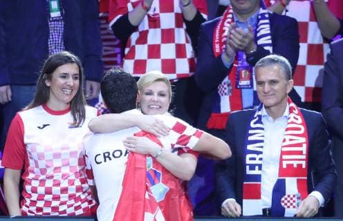Davis Cup final France - Croatia 25.11.2018., Lille, France - Pierre-Mauroy stadium, the final of Davis Cupa between France and Croatia. Match Lucas Pouille VS Marin Cilic. Croatia won Davis Cup. Marin Cilic with Croatian president Kolinda Grabar Kitarovic  SanjinxStrukic PIXSELL