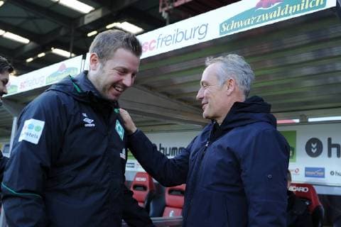 l Florian Kohfeldt Chef Trainer SV Werder Bremen r Christian Streich Chef Trainer SC Freiburg DFL regulations prohibit any use of photographs as image sequences and or quasi video GER Fussball 1 Bundesliga SC Freiburg Werder Bremen 25 11 2018 Freiburg Copyright: xLaegler xEibner-Pressefotox EP_slr