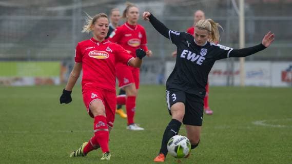 v li Julia Pfannschmidt 1 FC Köln 16 and Anna Johanning BV Cloppenburg 3 in duel duel action action game scene THE DFB RICHTLINIEN UNDERSAGEN ANY USE OF PHOTOS AS SEQUENCE PICTURES AND OR VIDEOA HNLICHE PHOTOSTRECKEN DFB REGULATIONS PROHIBIT ANY USE OF PHOTOGRAPHS AS IMAGE SEQUENCES AND OR QUASI VIDEO Football 2 Women Bundesliga BV Cloppenburg 1 FC Köln xobx