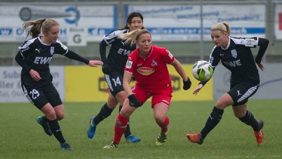 v li Emilia Reck BV Cloppenburg 29 Julia Pfannschmidt 1 FC Köln 16 and Anna Johanning BV Cloppenburg 3 in the three fight duel duel action action game scene THE DFB RICHTLINEN UNTERSAGEN ANY USE OF PHOTOS AS SEQUENCE PICTURES AND OR VIDEOA HNLICHE PHOTOSTRECKEN DFB REGULATIONS PROHIBIT ANY USE OF PHOTOGRAPHS AS IMAGE SEQUENCES AND OR QUASI VIDEO Football 2 Women Bundesliga BV Cloppenburg 1 FC Köln xobx