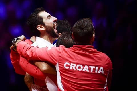 joie de Marin Cilic (Cro) en fin de match joie des joueurs de la Croatie TENNIS : France vs Croatie - Finale de la Coupe Davis - 25 11 2018 JBAutissier Panoramic 
