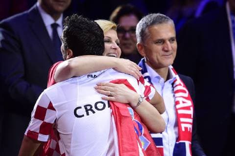 joie de Kolinda Grabar Kitarovic - presidente de la Croatie et de Marin Cilic (Cro) TENNIS : France vs Croatie - Finale de la Coupe Davis - 25 11 2018 JBAutissier Panoramic 