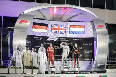 VETTEL Sebastian (ger), Scuderia Ferrari SF71H, portrait HAMILTON Lewis (gbr), Mercedes AMG F1 Petronas GP W09 Hybrid EQ Power+, portrait VERSTAPPEN Max (ned), Aston Martin Red Bull Tag Heuer RB14, portrait podium ambiance during the 2018 Formula One World Championship WM Weltmeisterschaft Abu Dhabi Grand Prix from November 22 to 25 in Yas Marina - Photo Francois Flamand DPPI Motorsports: FIA Formula One World Championship 2018, Grand Prix of Abu Dhabi, World Championship;2018;Grand Prix;Abu Dhabi, 44 Lewis Hamilton (GBR, Mercedes AMG Petronas F1 Team), , 5 Sebastian Vettel (GER, Scuderia Ferrari) 33 Max Verstappen (NDL, Red Bull Racing), Abu Dhabi United Arab Emirates