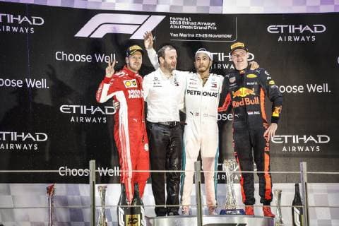 VETTEL Sebastian (ger), Scuderia Ferrari SF71H, portrait HAMILTON Lewis (gbr), Mercedes AMG F1 Petronas GP W09 Hybrid EQ Power+, portrait VERSTAPPEN Max (ned), Aston Martin Red Bull Tag Heuer RB14, portrait podium ambiance during the 2018 Formula One World Championship WM Weltmeisterschaft Abu Dhabi Grand Prix from November 22 to 25 in Yas Marina - Photo Francois Flamand DPPI Motorsports: FIA Formula One World Championship 2018, Grand Prix of Abu Dhabi, World Championship;2018;Grand Prix;Abu Dhabi, 44 Lewis Hamilton (GBR, Mercedes AMG Petronas F1 Team), , 5 Sebastian Vettel (GER, Scuderia Ferrari) 33 Max Verstappen (NDL, Red Bull Racing), Abu Dhabi United Arab Emirates