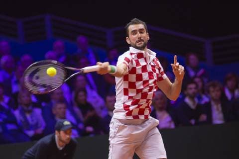 (181126) -- LILLE, Nov. 26, 2018 (Xinhua) -- Marin Cilic of Croatia returns the ball during the 4th match of the final of the Davis Cup against Lucas Pouille of France in Lille, France on Nov. 25, 2018. Marin Cilic won 3-0, making Croatia claim the title by 3-1. (Xinhua Eugene Pradier) (SP)FRANCE-LILLE-TENNIS-DAVIS CUP-FINAL-4TH MATCH 