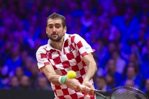 (181126) -- LILLE, Nov. 26, 2018 (Xinhua) -- Marin Cilic of Croatia returns the ball during the 4th match of the final of the Davis Cup against Lucas Pouille of France in Lille, France on Nov. 25, 2018. Marin Cilic won 3-0, making Croatia claim the title by 3-1. (Xinhua Eugene Pradier) (SP)FRANCE-LILLE-TENNIS-DAVIS CUP-FINAL-4TH MATCH 