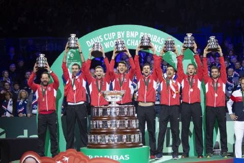 (181126) -- LILLE, Nov. 26, 2018 (Xinhua) -- The Croatian team members attend the awarding ceremony in Lille, France on Nov. 25, 2018. Marin Cilic of Croatia won 3-0 in the 4th match of the final of the Davis Cup against Lucas Pouille of France, making Croatia claim the title by 3-1. (Xinhua Eugene Pradier) (SP)FRANCE-LILLE-TENNIS-DAVIS CUP-FINAL-4TH MATCH 