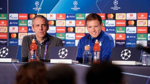 v li Holger Kliem Head of Media and Communication Hoffenheim Julian Nagelsmann Head Coach Hoffenheim at the press conference PK Press Conference Press date Media date Joy friendly cheerful radiant optimistic Football UEFA Champions League Press conference TSG 1899 Hoffenheim xozx