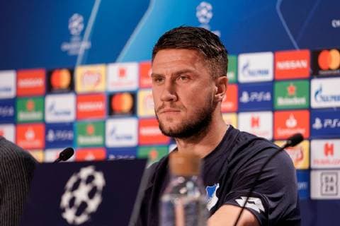 Ermin Bicakcic Hoffenheim 4 single frame action action game scene portrait portrait at the press conference PK Press Conference press date media date football UEFA Champions League press conference TSG 1899 Hoffenheim xozx