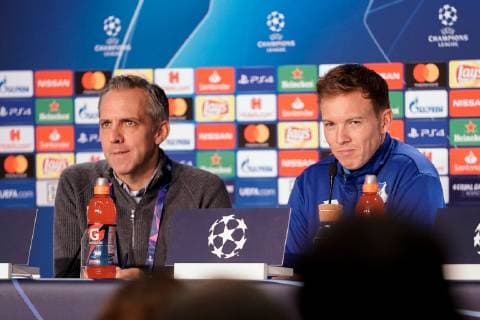 v li Holger Kliem Head of Media and Communication Hoffenheim Julian Nagelsmann Head Coach Hoffenheim at the press conference PK Press Conference Press date Media date Joy friendly cheerful radiant optimistic Football UEFA Champions League Press conference TSG 1899 Hoffenheim xozx