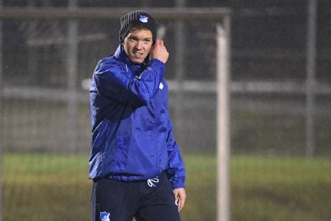 26 11 2018 xmeix Football UEFA Champions League TSG 1899 Hoffenheim PK with final training emspor v l Hoffenheims coach Julian Nagelsmann TSG 1899 Hoffenheim at final training in the rain DFL DFB REGULATIONS PROHIBIT ANY USE OF PHOTOGRAPHS as IMAGE SEQUENCES and or QUASI VIDEO Sinsheim prio:1