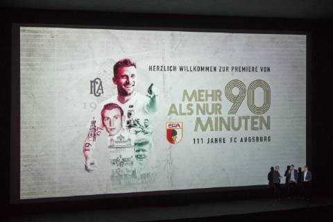 l r Stadium Speaker Rolf Stoermann FC Augsburg Managing Director Finance Michael Stroell FC Augsburg Managing Director Sports Stefan Reuter FC Augsburg Cinema Premiere More than 90 minutes Soccer Event 26 11 2018 Augsburg Bayern Deutschland Copyright: xkolbert-press ChristianxKolbertx