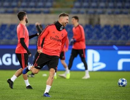 Entrenamiento del Real Madrid en el estadio Olímpico de Roma. En la imagen, Sergio Ramos.Real Madrid practice session at the Olimpico stadium of Rome. In this picture, Sergio Ramos. 