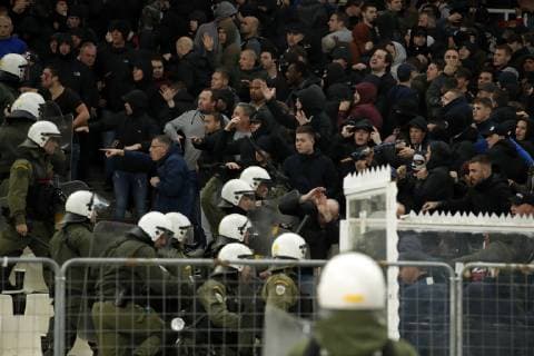 Police fighting with Ajax supporters during the UEFA Champions League group E match between AEK FC and Ajax Amsterdam at the OAKA Spyros Louis on November 27, 2018 in Athens, Greece UEFA Champions League 2018 2019 xVIxVIxImagesx xMauricexvanxSteenxIVx 12908132