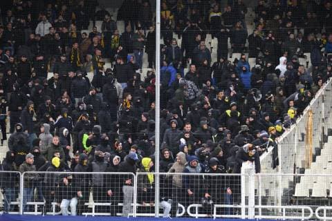 AEK Athens v Ajax Amsterdam UEFA Champions League AEK Athens fans provoke Ajax Amsterdam fans ahead of the UEFA Champions League match at Olympic Stadium, Athens Content Not Available For UK Newspapers Copyright: xYannisxHalasx FIL-12606-0003