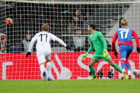 MOSCOW, RUSSIA â€“ NOVEMBER 27, 2018: Viktoria Plzen s goalkeeper Ales Hruska (C) concedes a goal in their 2018 19 UEFA Champions League Group G Round 5 football match against FC CSKA Moscow at Luzhniki Stadium. Sergei Bobylev TASS  TS098FE9
