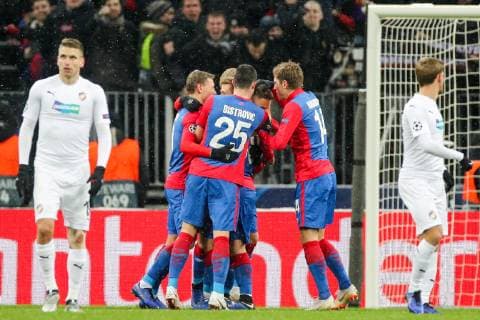 MOSCOW, RUSSIA â€“ NOVEMBER 27, 2018: CSKA Moscow s players celebrate scoring in their 2018 19 UEFA Champions League Group G Round 5 football match against FC Viktoria Plzen at Luzhniki Stadium. Sergei Bobylev TASS  TS098FEA