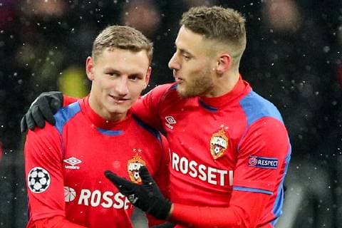MOSCOW, RUSSIA â€“ NOVEMBER 27, 2018: CSKA Moscow s Fyodor Chalov (L) and Nikola Vlasic celebrate scoring in their 2018 19 UEFA Champions League Group G Round 5 football match against FC Viktoria Plzen at Luzhniki Stadium. Sergei Bobylev TASS  TS098FEB
