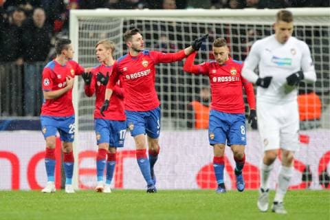 MOSCOW, RUSSIA â€“ NOVEMBER 27, 2018: CSKA Moscow s players celebrate scoring in their 2018 19 UEFA Champions League Group G Round 5 football match against FC Viktoria Plzen at Luzhniki Stadium. Sergei Bobylev TASS  TS098FF2