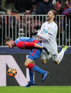MOSCOW, RUSSIA â€“ NOVEMBER 27, 2018: CSKA Moscow s Nikita Chernov (L) and Viktoria Plzen s Radim Reznik in action in their 2018 19 UEFA Champions League Group G Round 5 football match at Luzhniki Stadium. Sergei Bobylev TASS  TS098FF3