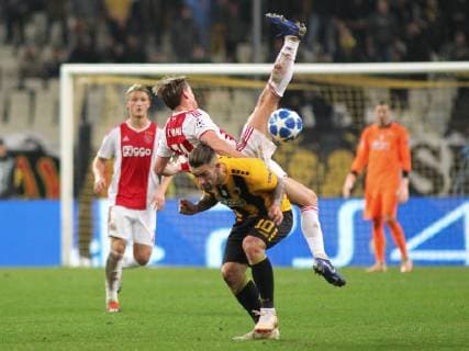 AEK Athens v Ajax Amsterdam UEFA Champions League Marko Livaja of AEK Athens and Frenkie De Jong of Ajax Amsterdam during the UEFA Champions League match at Olympic Stadium, Athens Content Not Available For UK Newspapers Copyright: xYannisxHalasx FIL-12606-0019
