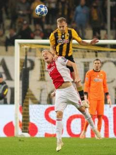 AEK Athens v Ajax Amsterdam UEFA Champions League Kostas Galanopoulos of AEK Athens and Donny Van De Beek of Ajax Amsterdam during the UEFA Champions League match at Olympic Stadium, Athens Content Not Available For UK Newspapers Copyright: xYannisxHalasx FIL-12606-0023