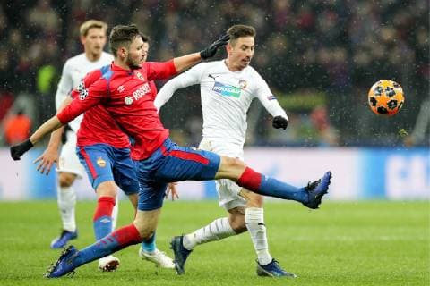 MOSCOW, RUSSIA â€“ NOVEMBER 27, 2018: CSKA Moscow s Nikita Chernov (L) in action in their 2018 19 UEFA Champions League Group G Round 5 football match against FC Viktoria Plzen at Luzhniki Stadium. Sergei Bobylev TASS  TS098FF5